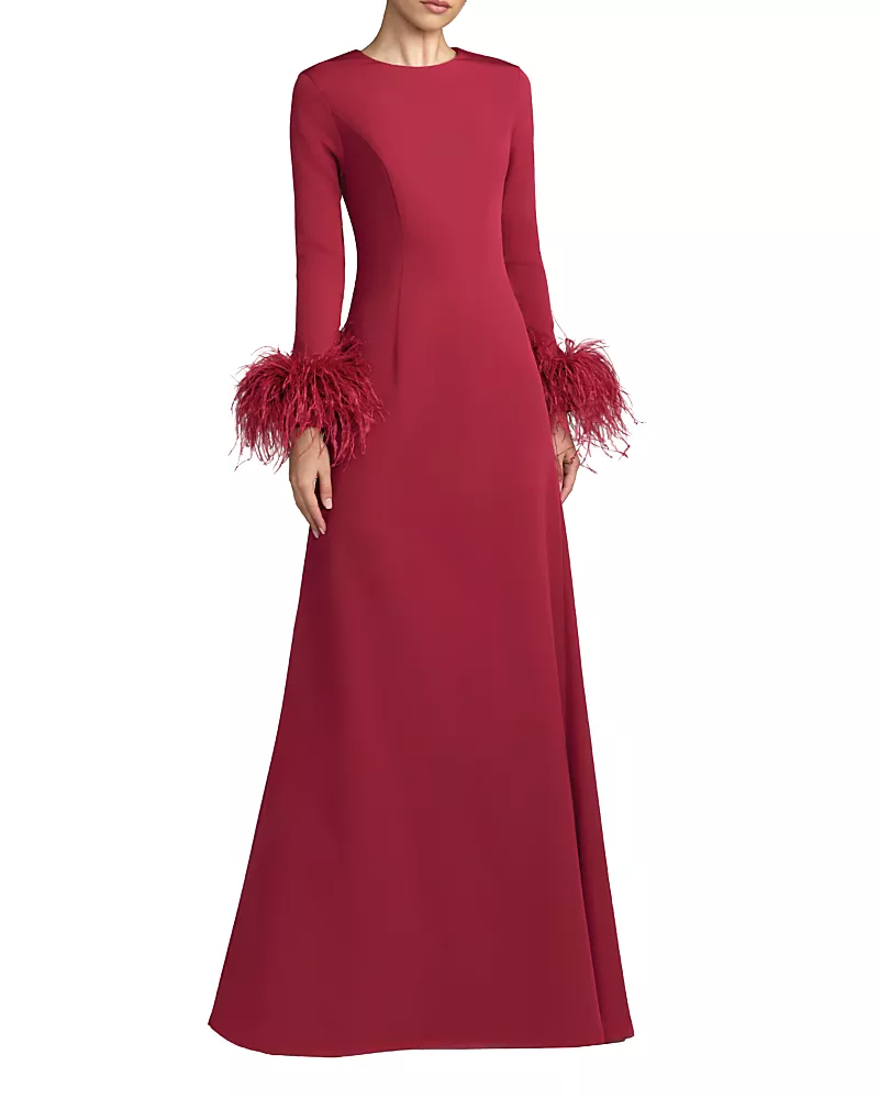 Mac Duggal Crepe Long Sleeve A Line Gown With Feather Trim