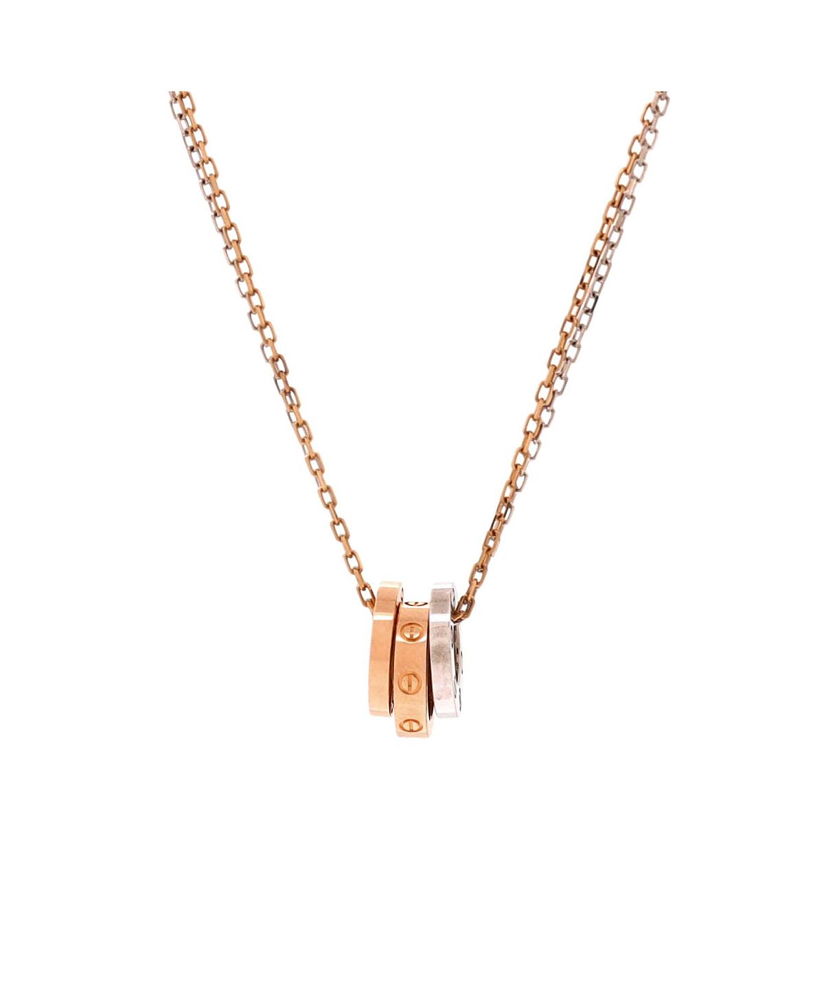 Pre-Owned Cartier Love 3 Ring Pendant Necklace 18K Rose Gold and 18K White Gold with 6 Diamonds, 16.25