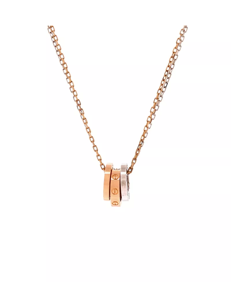 Pre-Owned Cartier Love 3 Ring Pendant Necklace 18K Rose Gold and 18K White Gold with 6 Diamonds, 16.25
