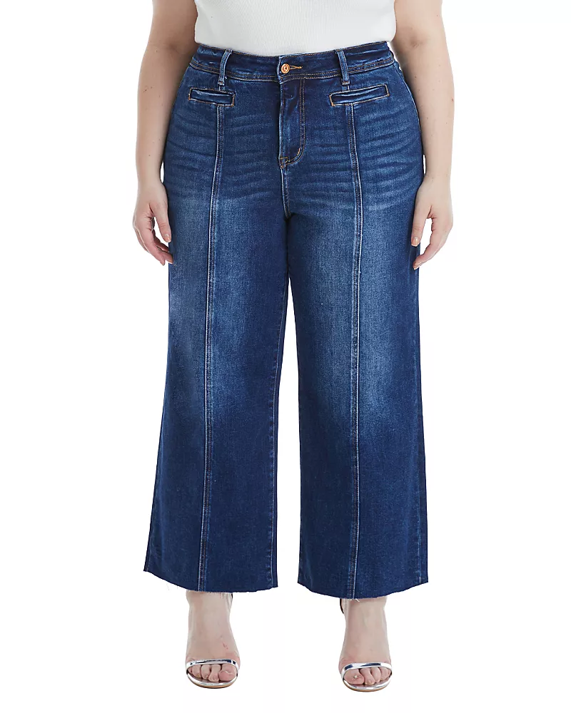 Bayeas Plus High Rise Wide Leg Vertical Front Seam Raw Hem Denim Jeans in Dark Blue