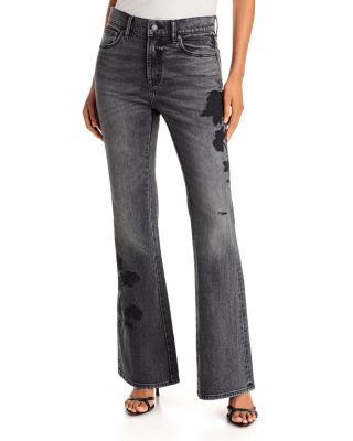 The High Rise Appliqu&eacute; Flare Jeans in Black Worn
