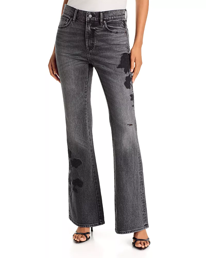 Johnny Was The High Rise Applique Flare Jeans in Black Worn