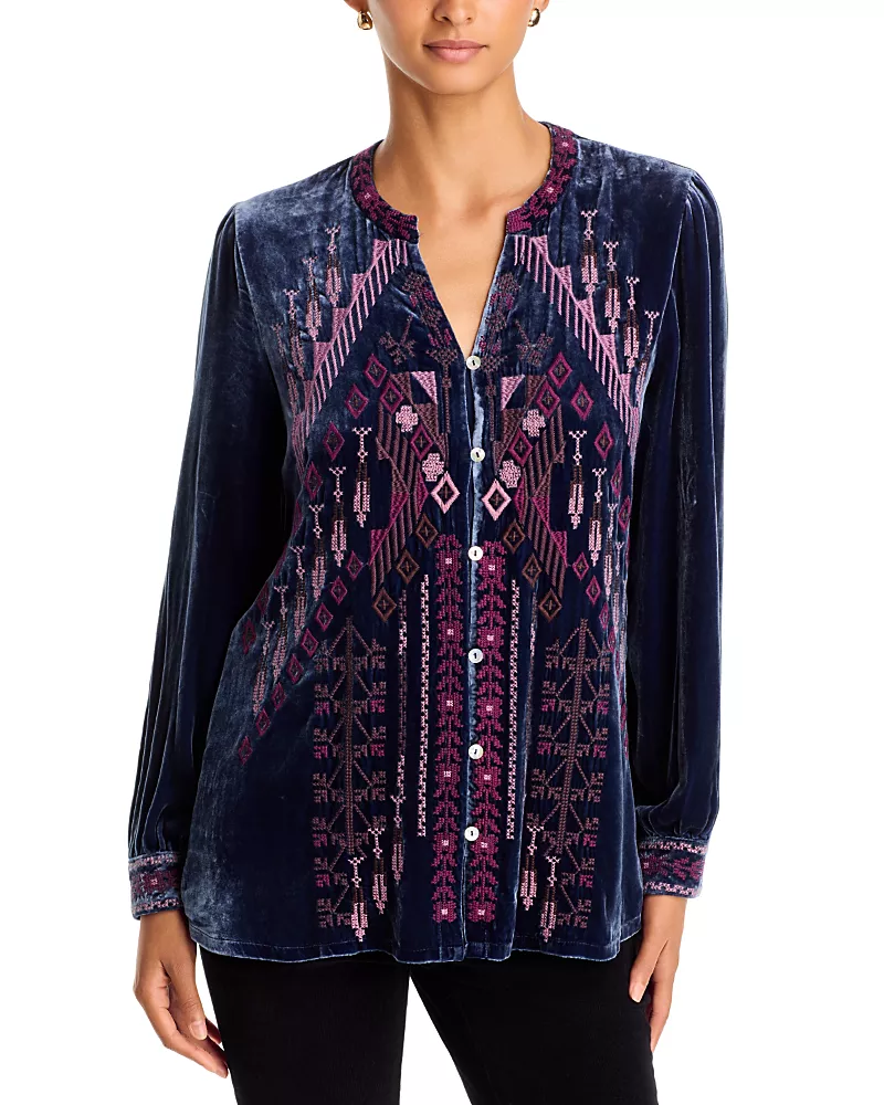 Johnny Was Velvet Embroidered Blouse