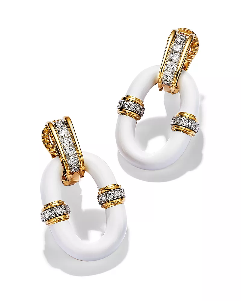 David Webb Platinum & 18K Yellow Gold Manhattan Minimalism Diamond & Enamel Oval Link Earrings