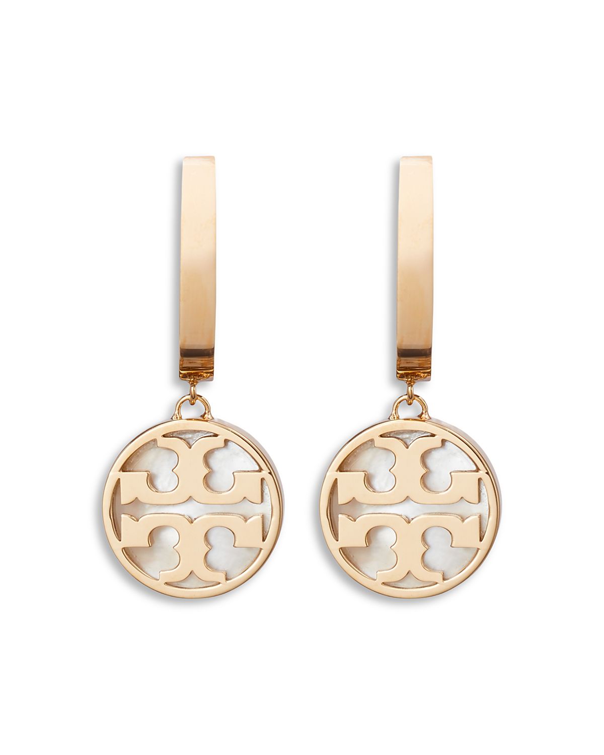Tory Burch Icon Mother Of Pearl Charm Huggie Hoop Earrings