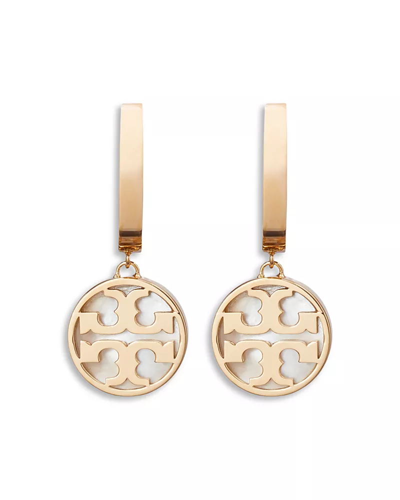 Tory Burch Icon Mother Of Pearl Charm Huggie Hoop Earrings