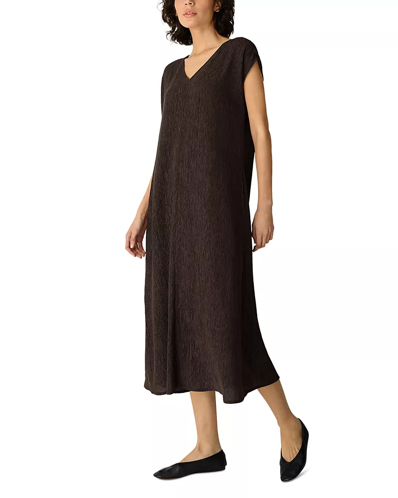 Eileen Fisher Crinkled V Neck Midi Dress