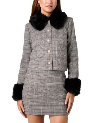 Leonie Tartan Plaid Faux Fur Trim Jacket