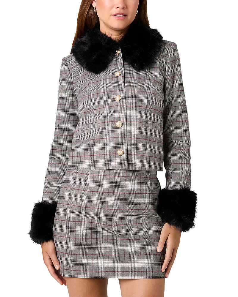 French Connection Leonie Tartan Plaid Faux Fur Trim Jacket