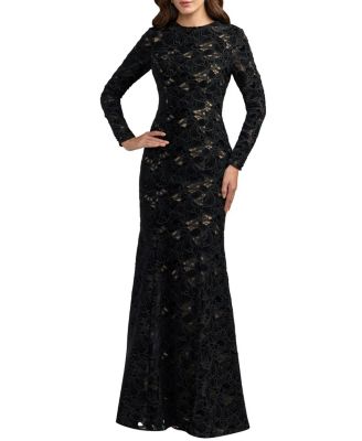  Long Sleeve Open Back Embroidered Gown
