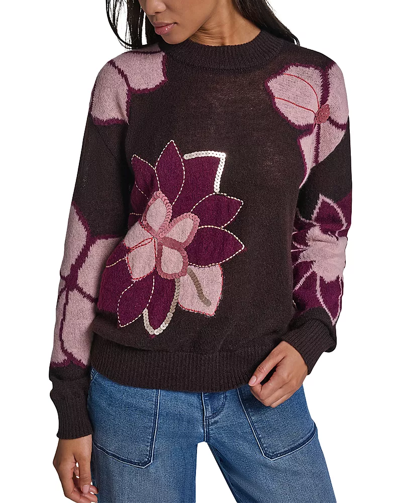 Karl Lagerfeld Paris Embellished Flower Knit Sweater