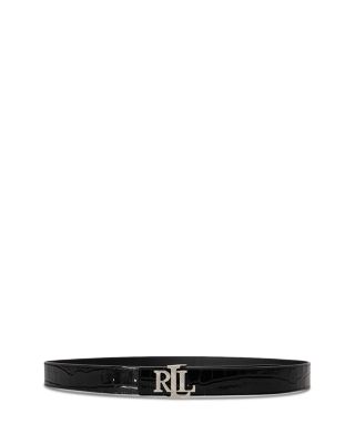Logo Buckle Reversible Crocodile Embossed Leather Belt