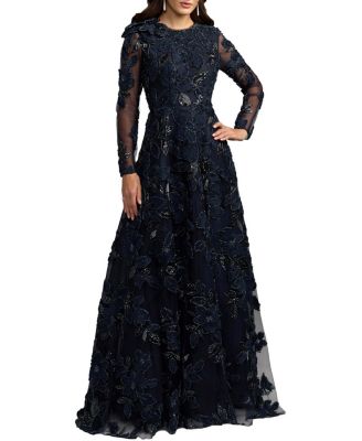  Floral Detail Mesh Long Sleeve High Neck Gown