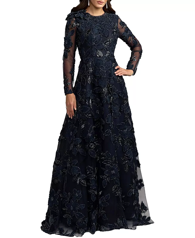 Mac Duggal Floral Detail Mesh Long Sleeve High Neck Gown
