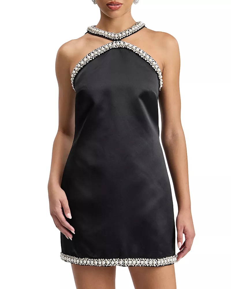 Avec Les Filles Jewel Embellished Halter Mini Dress