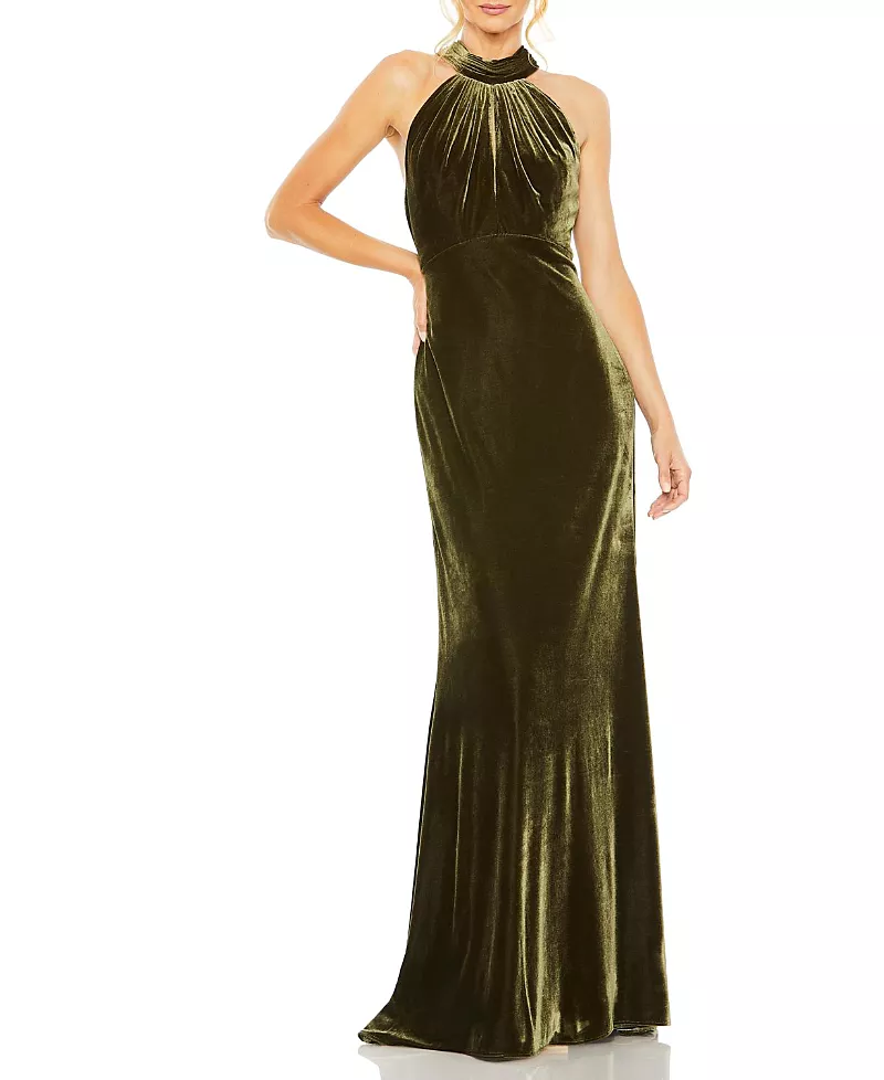Mac Duggal Halter Tie Front Slit Velvet Column Gown
