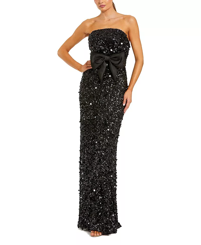 Mac Duggal Petite Strapless Sequin Column Gown with Velvet Bow