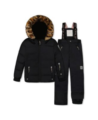 Deux Par Deux Girls' Play Faux Fur Jacket & Pants Two Piece Snowsuit - Little Kid In Black