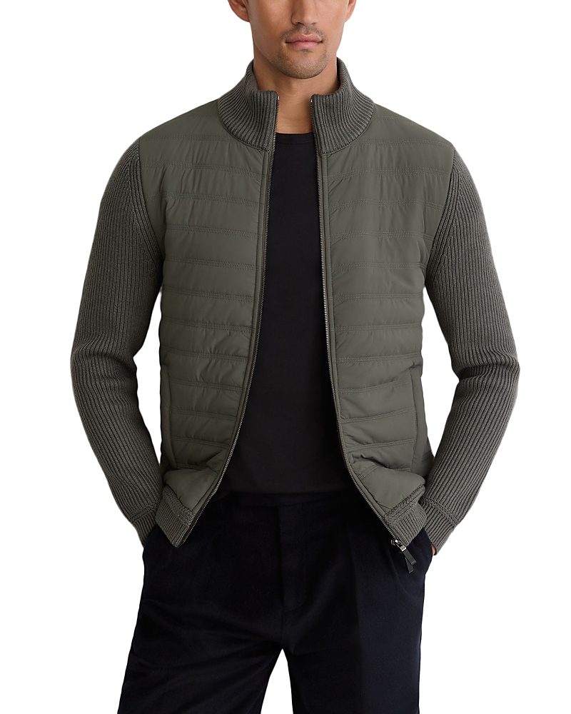 Reiss Townsend Long Sleeved Zip Through Funnel Quilted Jacket In Army Green