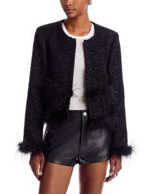 Sequinned Tweed Feather Trim Jacket - Exclusive