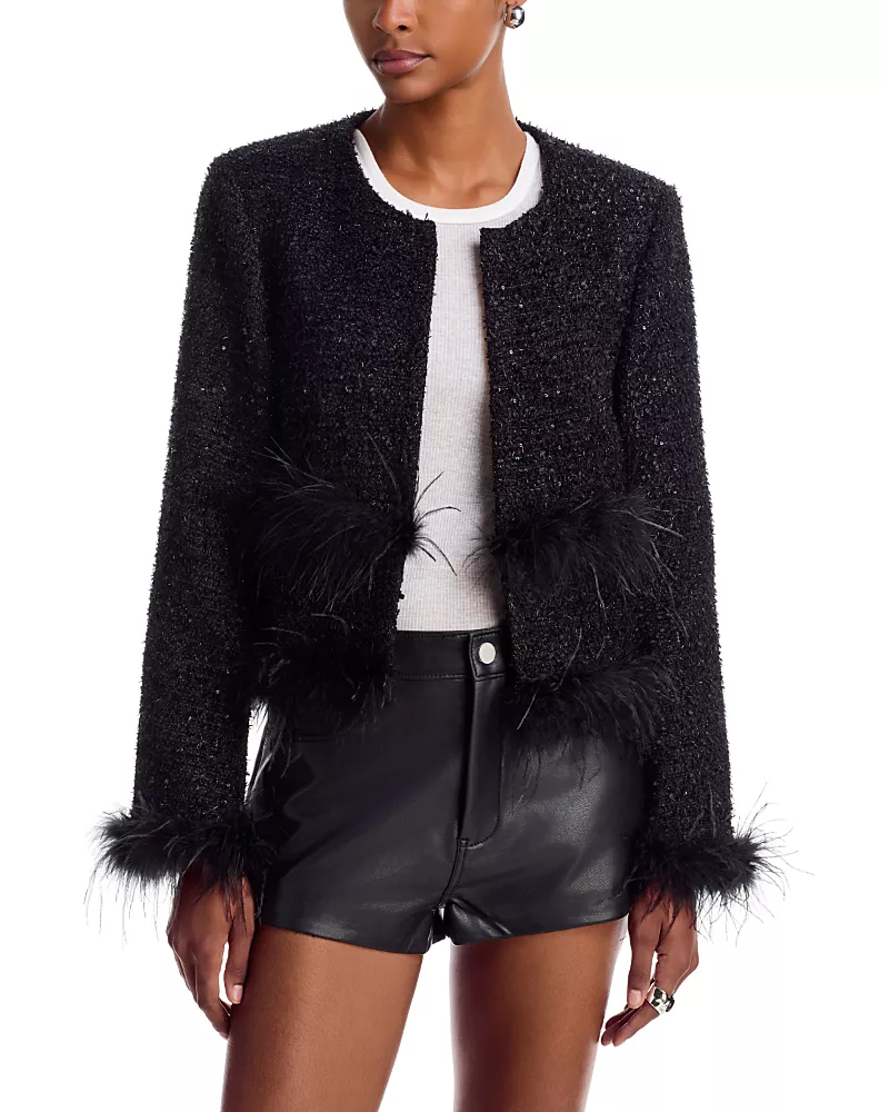 Aqua Sequinned Tweed Feather Trim Jacket - Exclusive