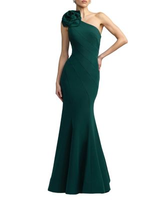  Crepe One Shoulder Mermaid Gown with 3D Flower