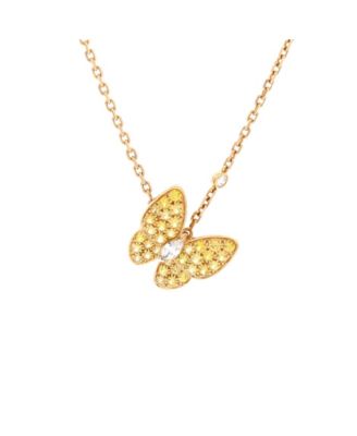 Pre-Owned Van Cleef & Arpels Two Butterfly Pendant Necklace 18K Gold with Yellow Sapphires and Diamonds, 16.25