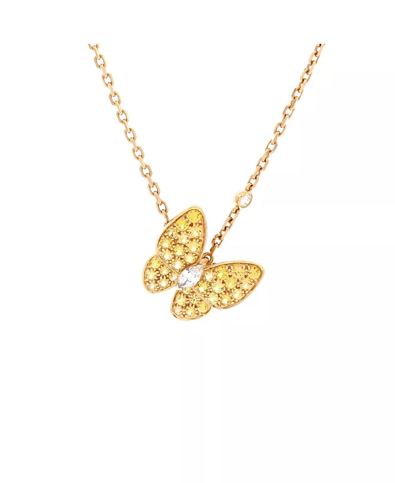 Pre-Owned Van Cleef & Arpels Two Butterfly Pendant Necklace 18K Gold with Yellow Sapphires and Diamonds, 16.25
