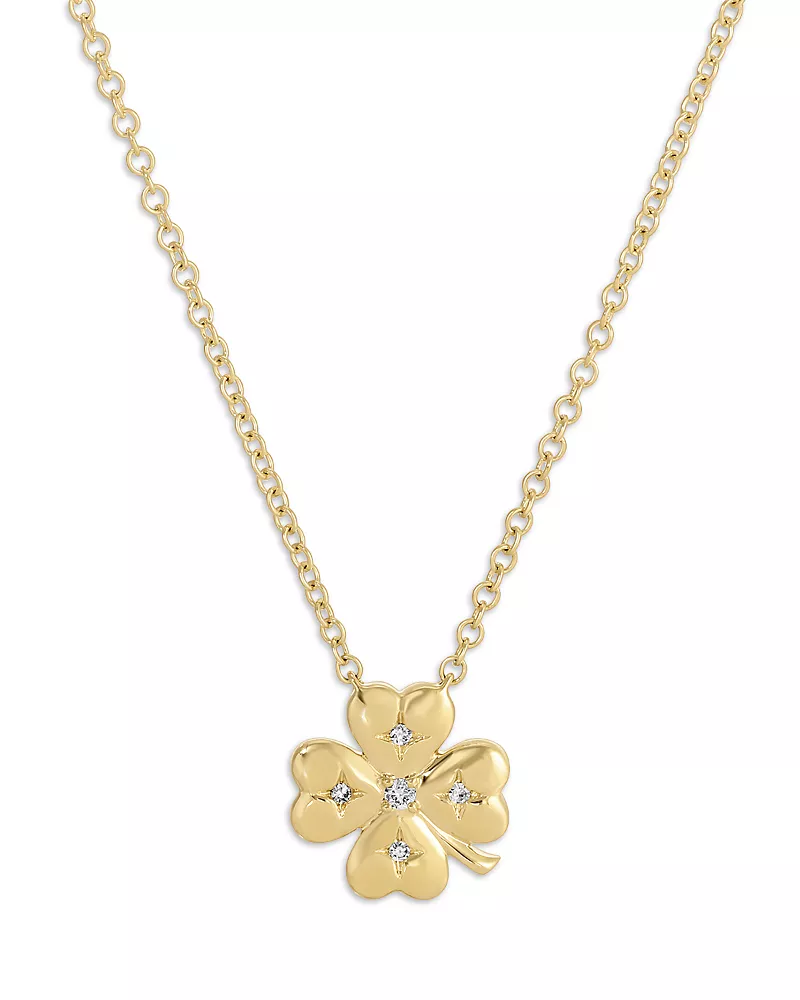 Ef Collection 14K Yellow Gold Diamond Mini Clover Pendant Necklace, 0.02 tcw