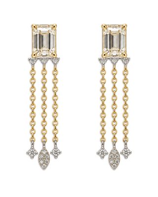 14K Yellow Gold Lab Grown Diamond Emerald & Round Cut Fringe Drop Earrings, 1.57 tcw