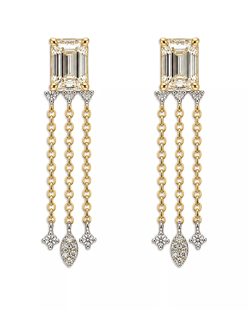 Moon & Meadow 14K Yellow Gold Lab Grown Diamond Emerald & Round Cut Fringe Drop Earrings, 1.57 tcw
