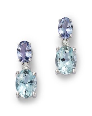 Diamond, Tanzanite & Aquamarine Stud Earrings in 14K White Gold, 0.08 tcw