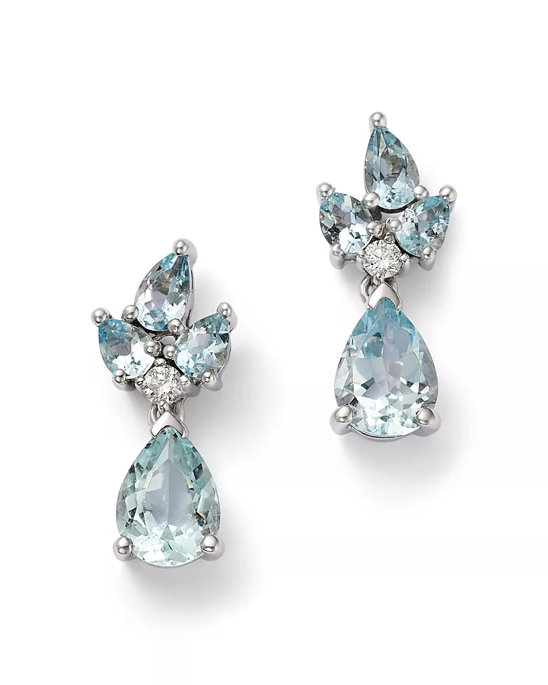 Bloomingdale's Fine Collection Diamond & Aquamarine Cluster Earrings in 14K White Gold, 0.1 tcw