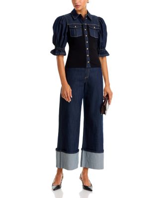 Lyric Indigo Ponte Puff Sleeve Blouse