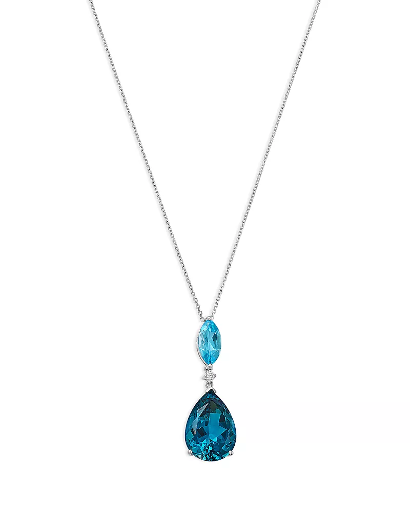 Bloomingdale's Fine Collection Diamond & Blue Topaz Double Drop Pendant Necklace in 14K White Gold, 0.05 tcw
