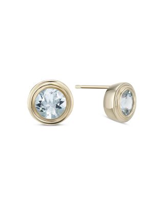 10K Yellow Gold Aquamarine March Birthstone Bezel Stud Earrings