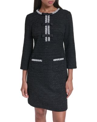 Embellished Tweed Bow Shift Dress 