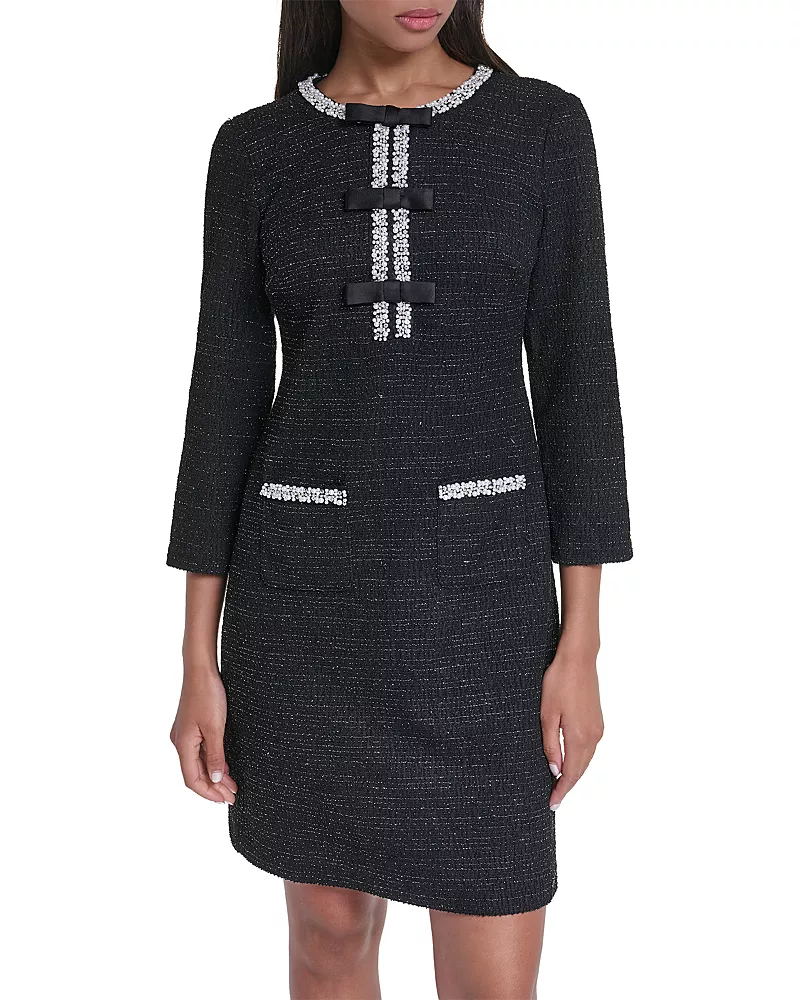 Karl Lagerfeld Paris Embellished Tweed Bow Shift Dress