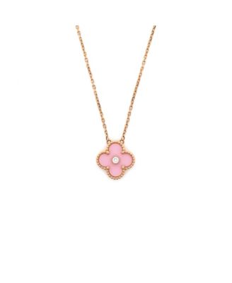  Vintage Alhambra Pendant Necklace 18K Rose Gold and Pink Sevres Porcelain with Diamond, 16.5"