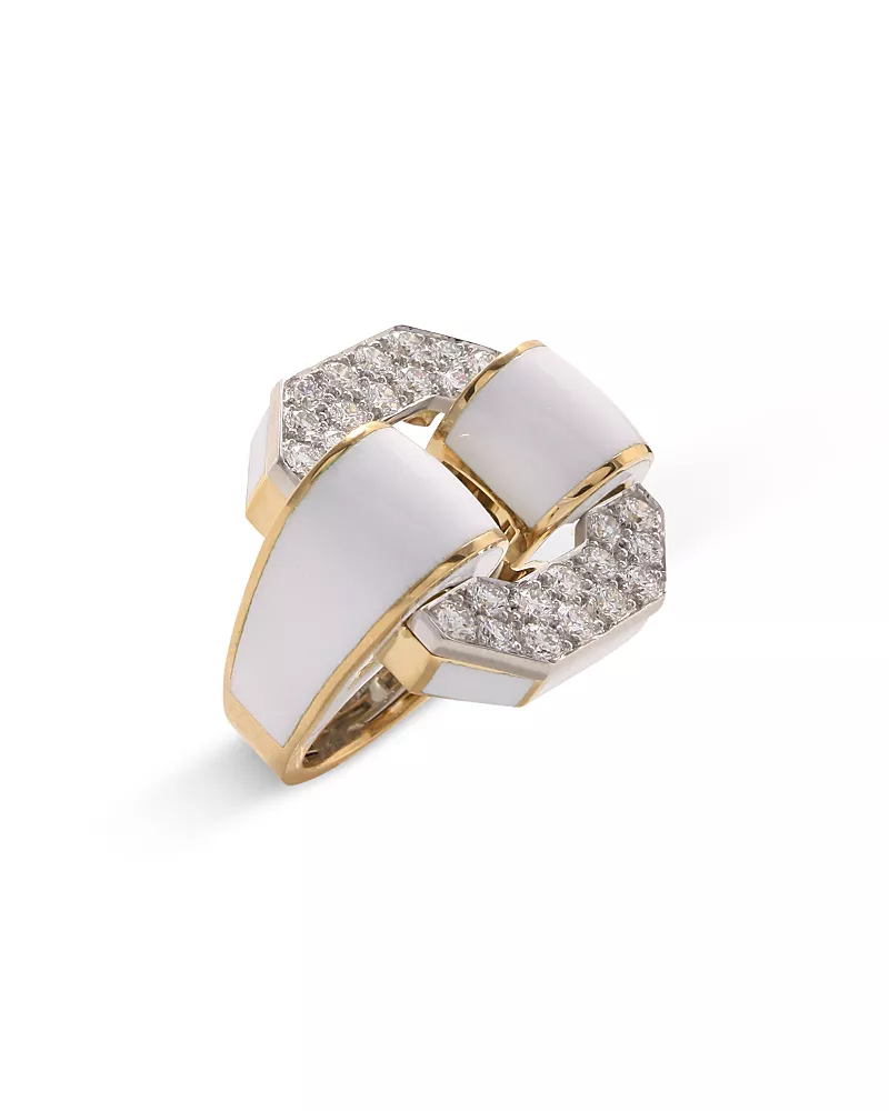 David Webb Platinum & 18K Yellow Gold Octagon White Enamel Buckle Ring, 1.79 tcw