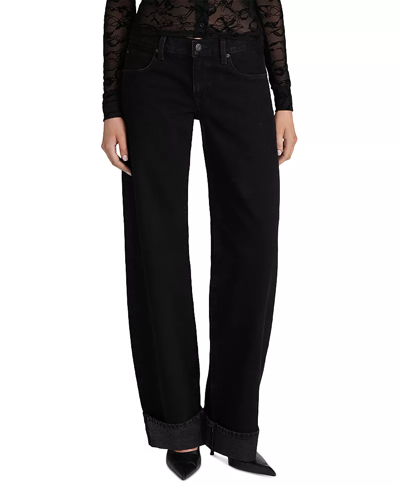 Frame The Low Bow Mid Rise Cuffed Wide Leg Jeans in Black