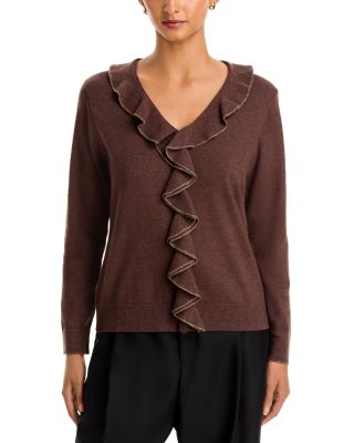 Ruffled Metallic Trim V Neck Sweater