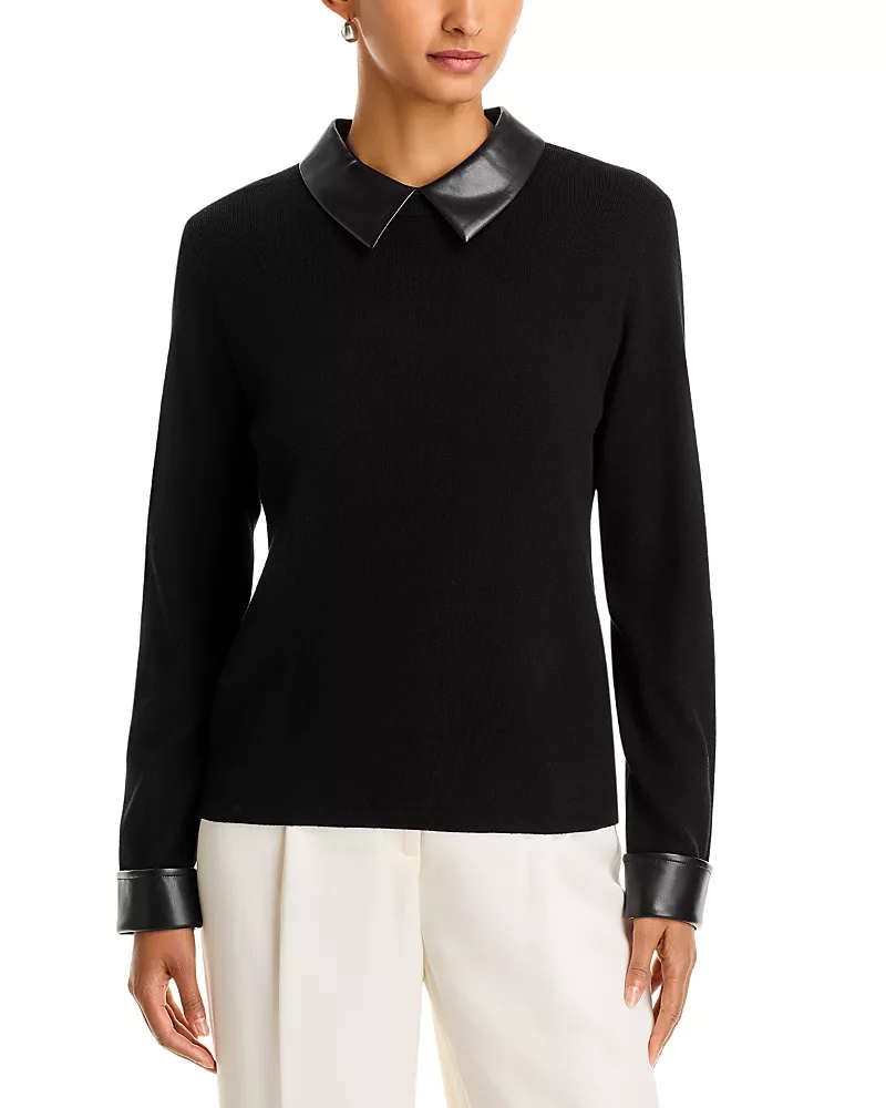 Sioni Faux Leather Collared Sweater