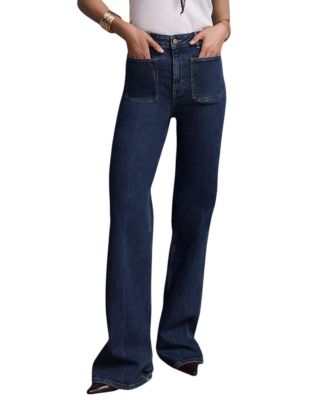  Women's Relaxed Straight Patch Pocket Jeans in Blue Wash