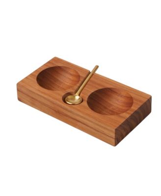  Teak Plank Salt & Pepper Cellar with Gold Spoon