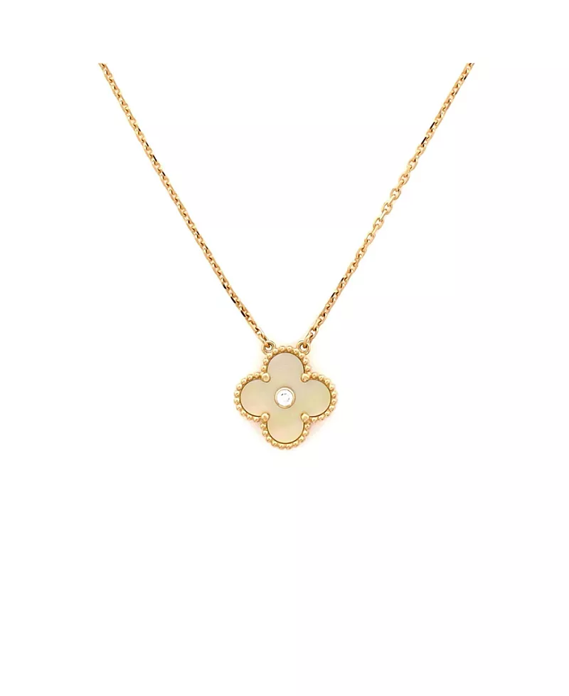 Pre-Owned Van Cleef & Arpels Vintage Alhambra Pendant Necklace 18K Gold and Gold Mother of Pearl with Diamond, 16.5
