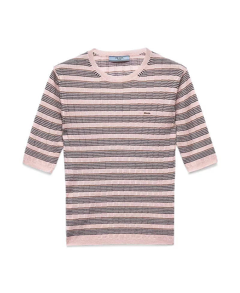 Prada Short Sleeved Striped Cashmere and Silk Sweater