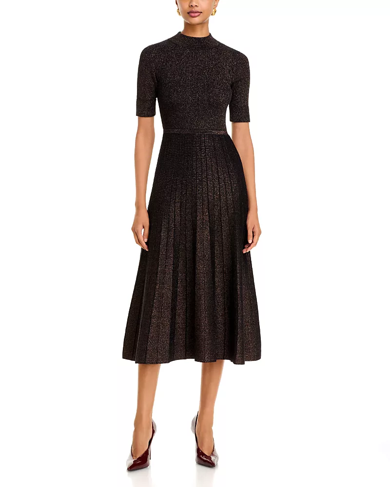 T Tahari Mock Neck Fit and Flare Midi Dress