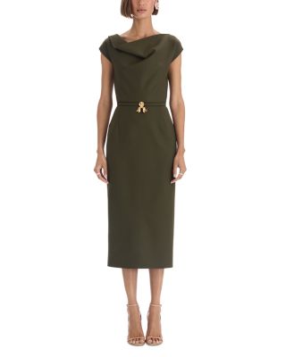 Oscar de la Renta Wool Blend Drape Neck Belted Dress