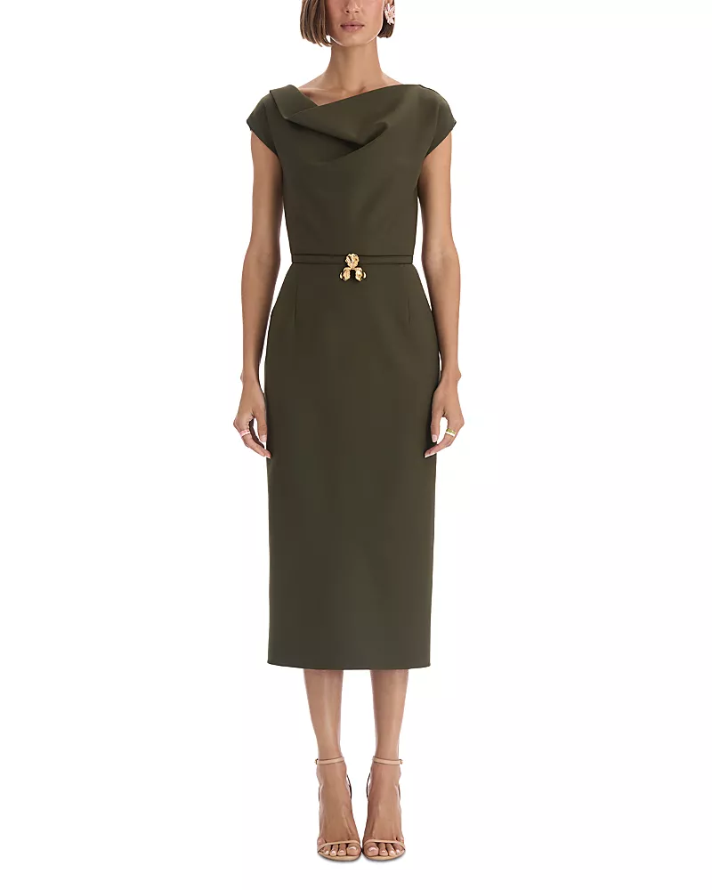 Oscar de la Renta Wool Blend Drape Neck Belted Dress